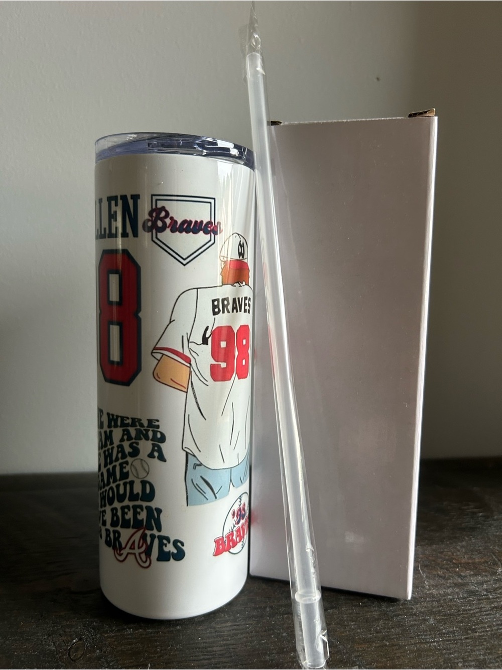 Braves Baseball Tall Tumbler - White with Red & Blue Graphics